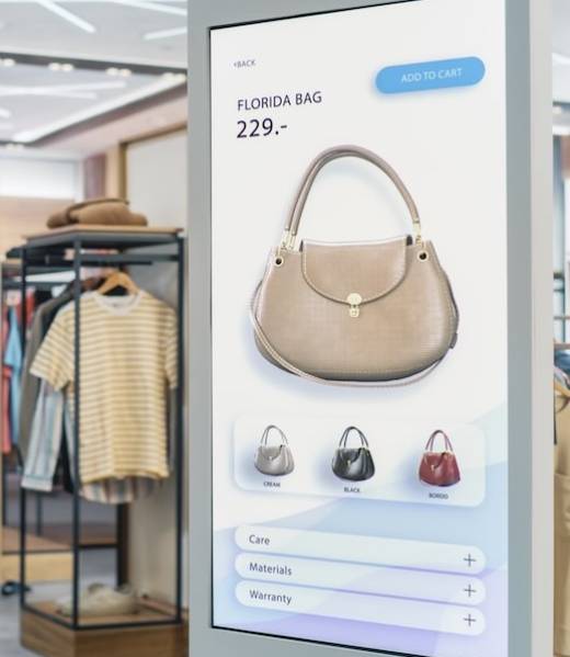 Shot,Of,A,Floor-standing,Lcd,Touch,Screen,Display,With,User Shot of a Floor-Standing LCD Touch Screen Display with User Interface of Online Clothing Shop Standing in Clothing Store. Self service Checkout with Hand Bag. Diverse People in Shop Buying Clothes.