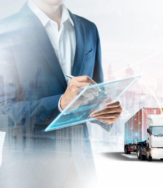 Smart,Logistics,And,Warehouse,Technology,Management,System,Concept,,Businessman,Using Smart Logistics and Warehouse Technology Management System Concept, Businessman using tablet control truck delivery network distribution import export, Double exposure business future Transportation